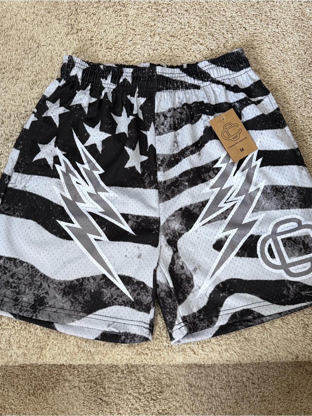 Men's Black & White Lightning Graphic Athletic Shorts